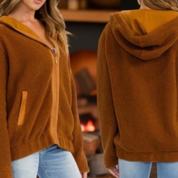 Sherpa Hooded Brown / Fleece Jacket fully lined zip up & pockets NWT Boutique - Picture 11 of 11